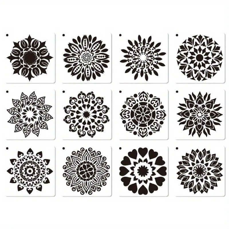12-Piece Mandala Dotting Stencils Kit - Reusable & Washable PET Plastic Painting Templates