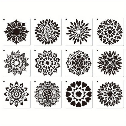 12-Piece Mandala Dotting Stencils Kit - Reusable & Washable PET Plastic Painting Templates