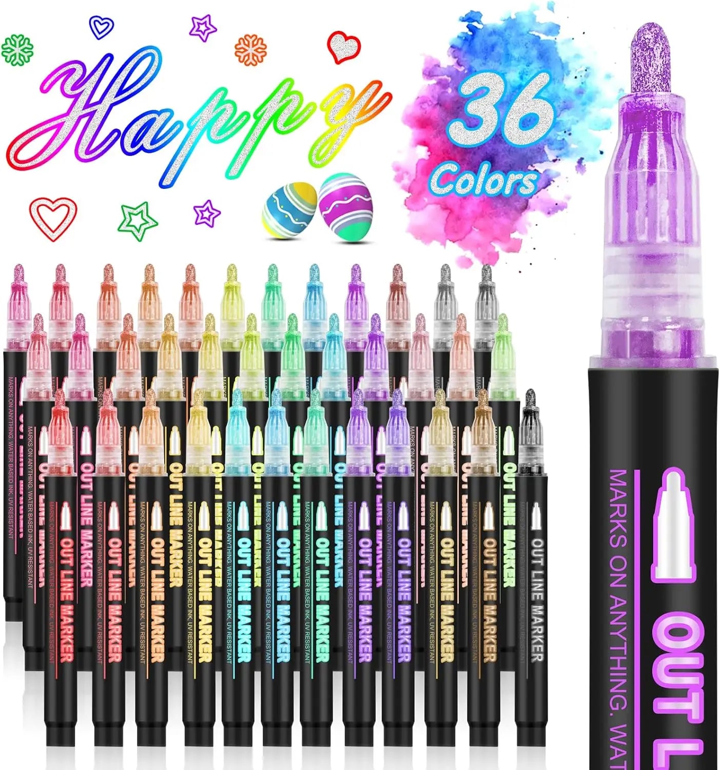 12-48 Colors Double Line Outline Metallic Highlighter Pens