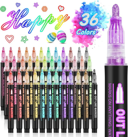 12-48 Colors Double Line Outline Metallic Highlighter Pens