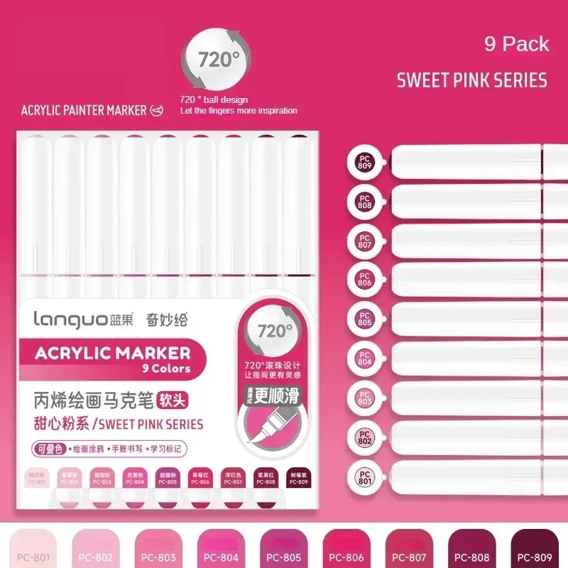 LANGUO 207/9 Colors Direct Liquid Acrylic Marker Soft Brush Paint Pen