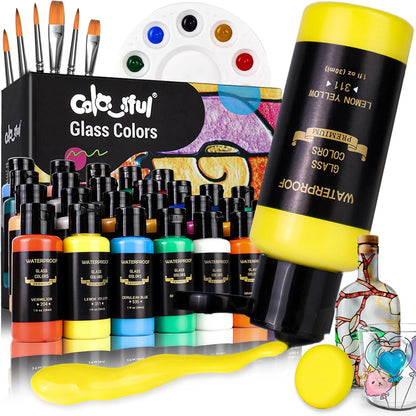 14/26 Colors Stain Glass Paint Set, 6 Brushes, 1 Palette & 1 Sponge, Kit