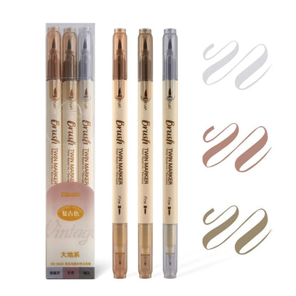 3pcs Twin Marker Pens Painting Brush Retro Color  Fine Liner Blendable Watercolor