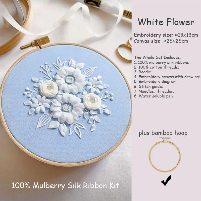 Mulberry Silk Ribbon Embroidery Kit Set White Flower Rose with Beads