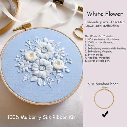 Mulberry Silk Ribbon Embroidery Kit Set White Flower Rose with Beads