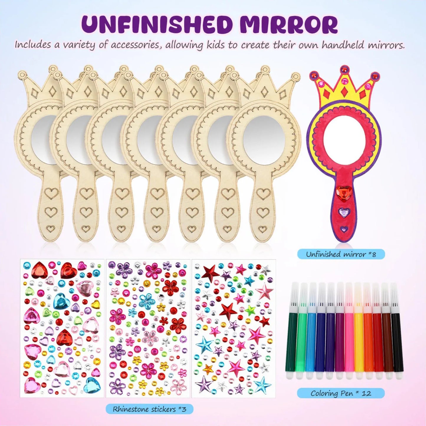 8Pcs Wooden Mirror Craft Kids Decorate