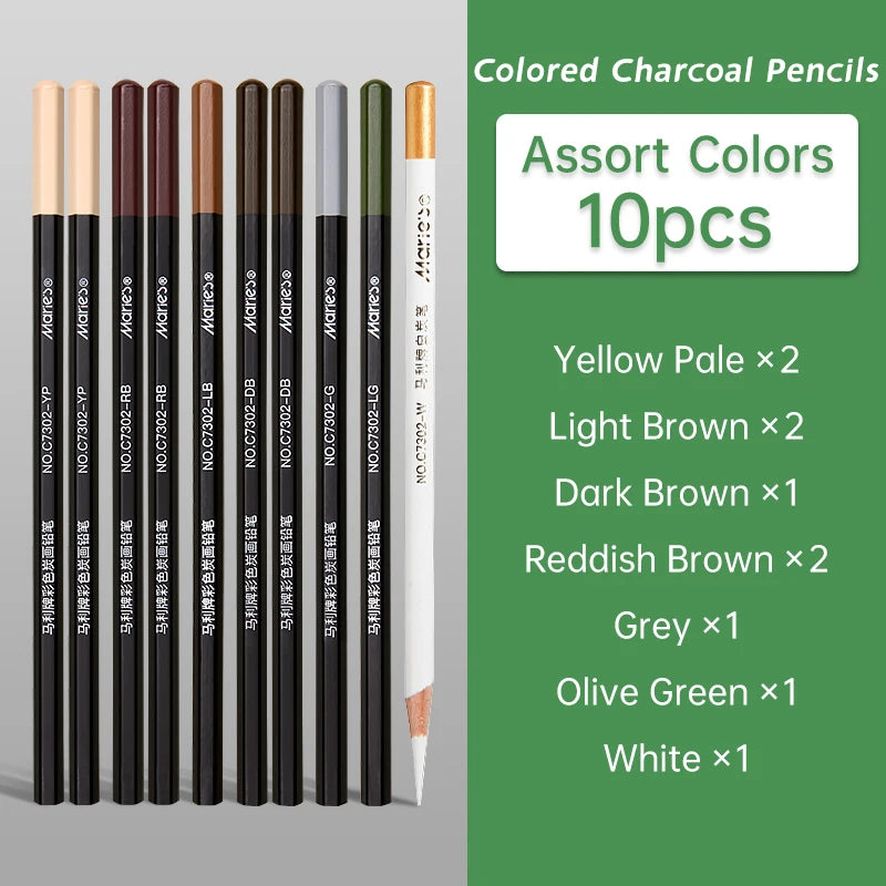 10pcs Marie's Professional Colored Charcoal Pencils Set,Skin Tone Color