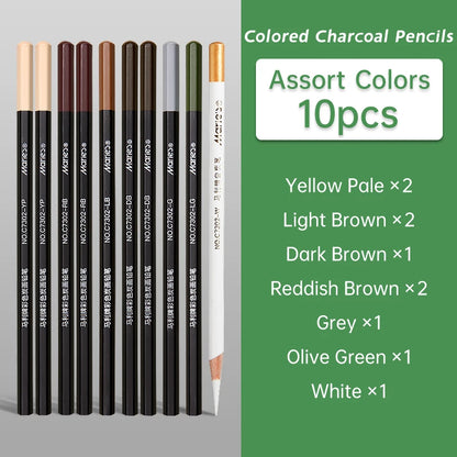 10pcs Marie's Professional Colored Charcoal Pencils Set,Skin Tone Color