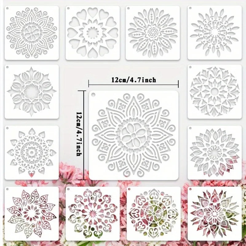 12-Piece Mandala Dotting Stencils Kit - Reusable & Washable PET Plastic Painting Templates