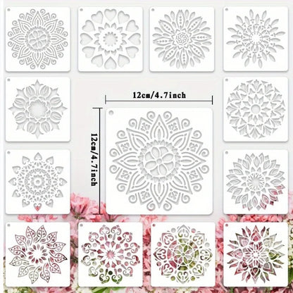 12-Piece Mandala Dotting Stencils Kit - Reusable & Washable PET Plastic Painting Templates