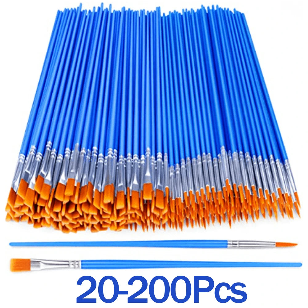 20-200Pcs Painting Brushes Set Art Round Flat Nylon Hair Paint Brush