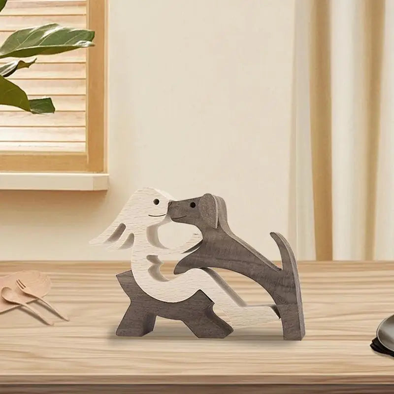 Cute Wood Dog or Cat and Human Statue