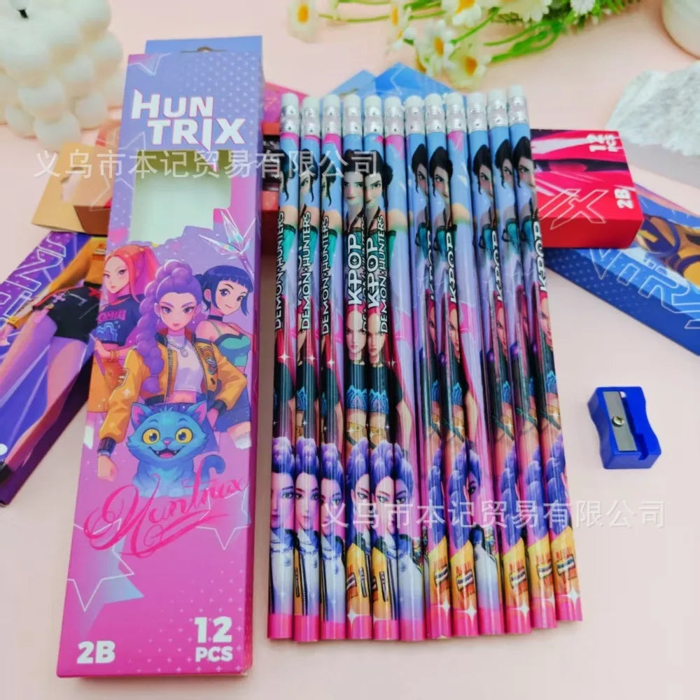 12Pcs Kpop Demon Hunters Huntrix 2B Pencils Wood Graphite Sketch Pencils