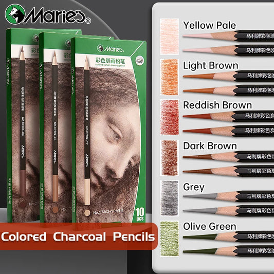 10pcs Marie's Professional Colored Charcoal Pencils Set,Skin Tone Color