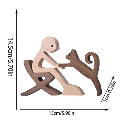 Cute Wood Dog or Cat and Human Statue