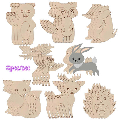 8pcs/set Unfinished Wooden Jungle Animal Cutouts