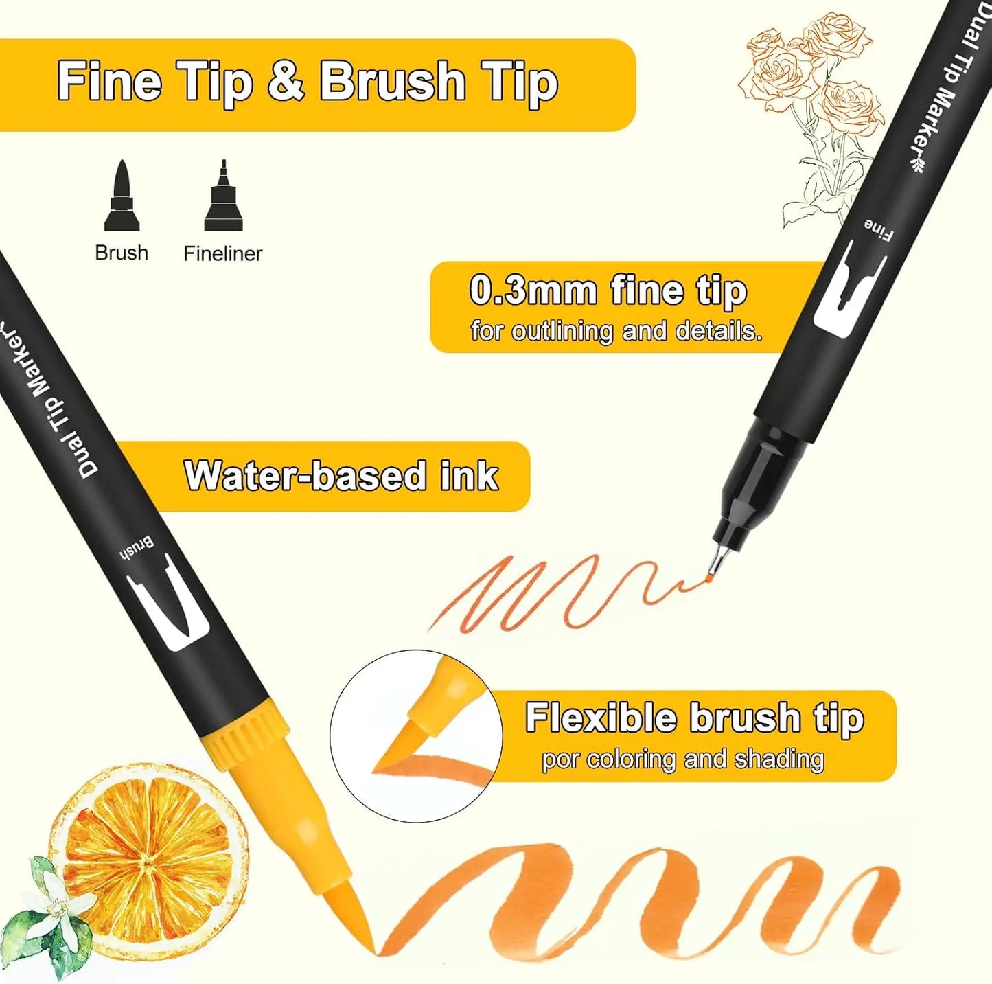 Dual Tip Brush Marker Pens with Fineliner  Felt Tip Pens Set,
