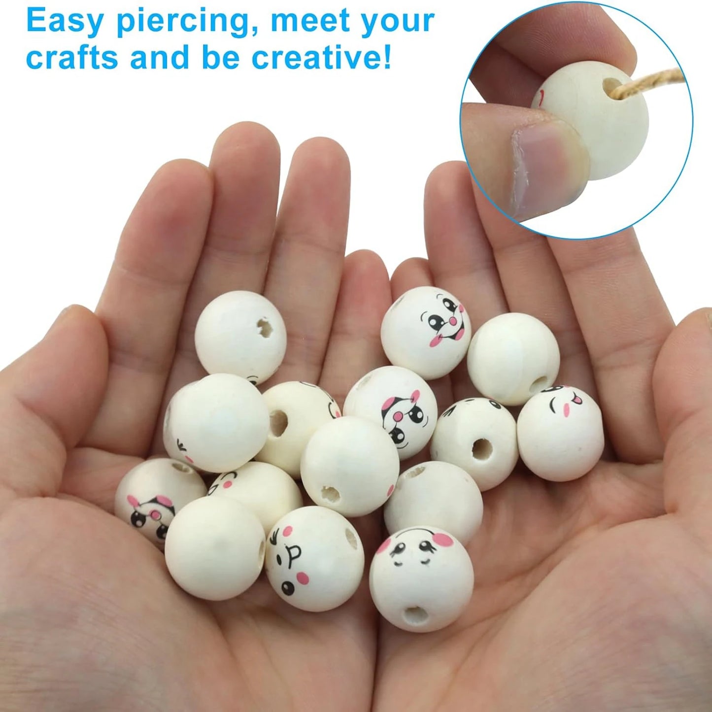 50pcs Loose Smile Beads, 20mm Round Natural Wood Beads