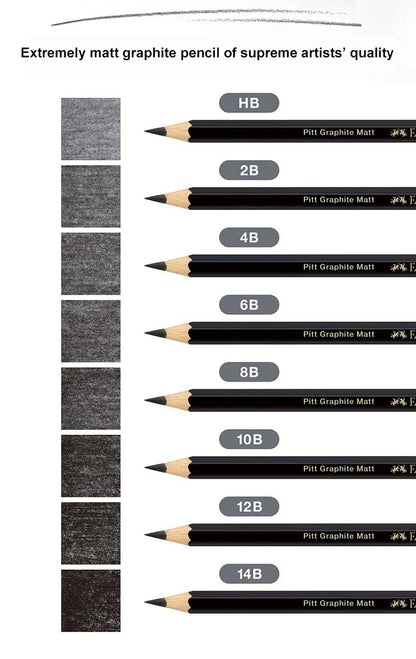 8 Pcs Faber-Castell Graphite Pitt Matt Pencil Set HB, 2B, 4B, 6B, 8B, 10B, 12B, 14B Sketching Drawing Artists’ Quality