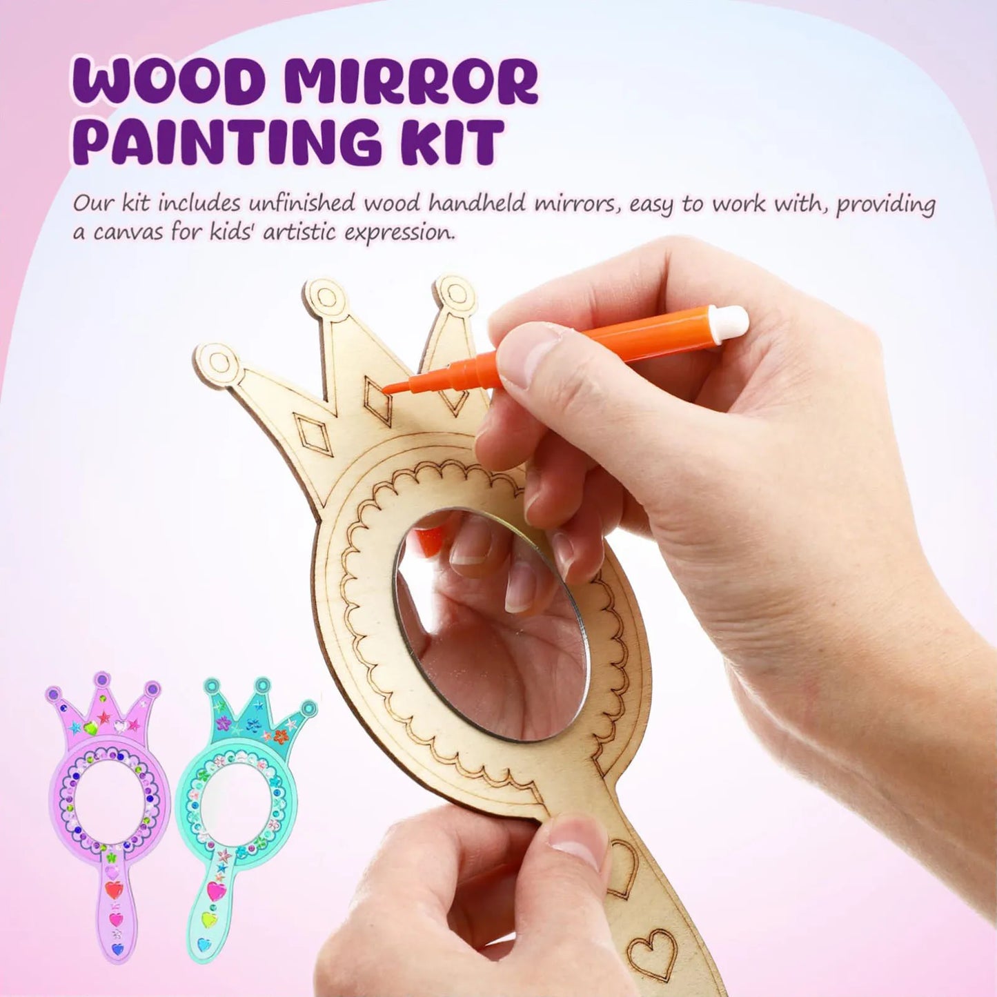 8Pcs Wooden Mirror Craft Kids Decorate