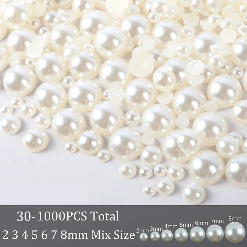 30-1000Pcs Half Flatback Imitation Pearls Beads White/Beige