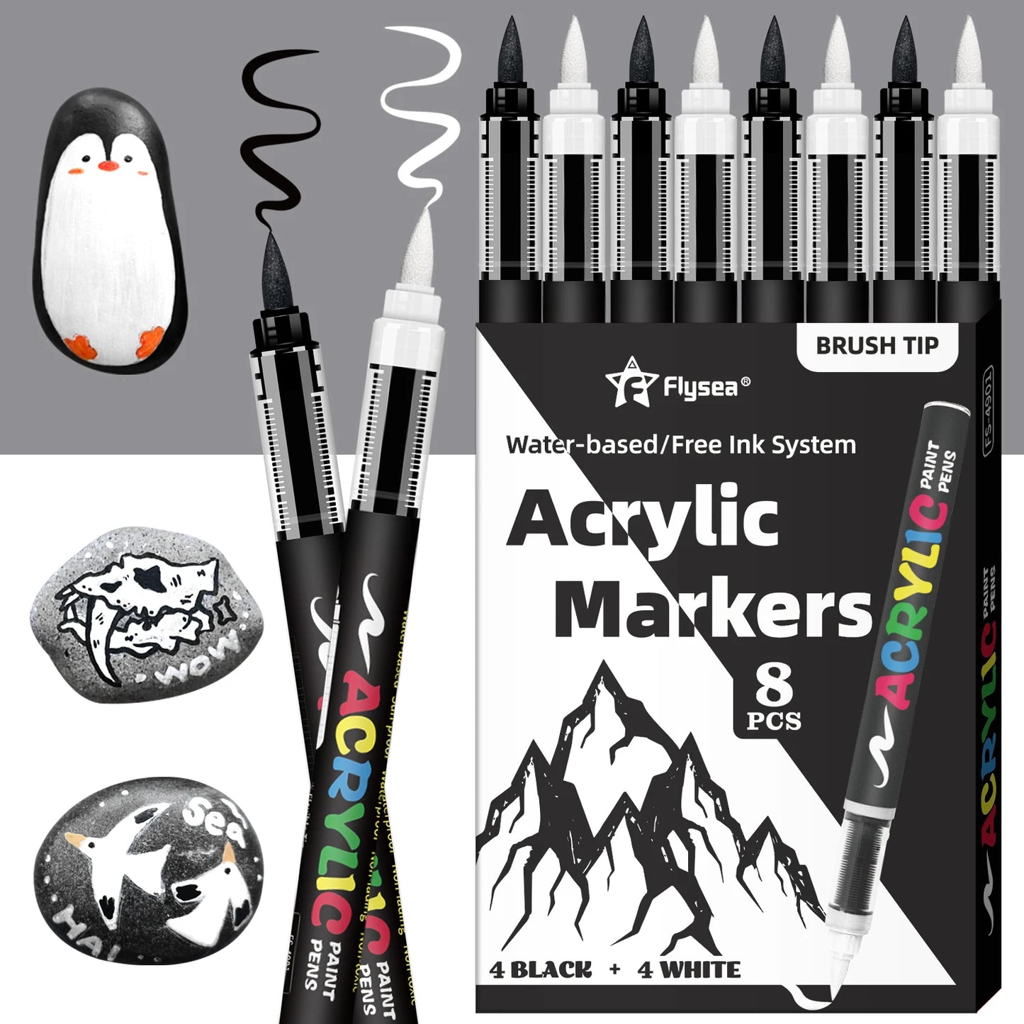 8pcs Black and White Acrylic Paint Markers Set, Large Ink Capacity