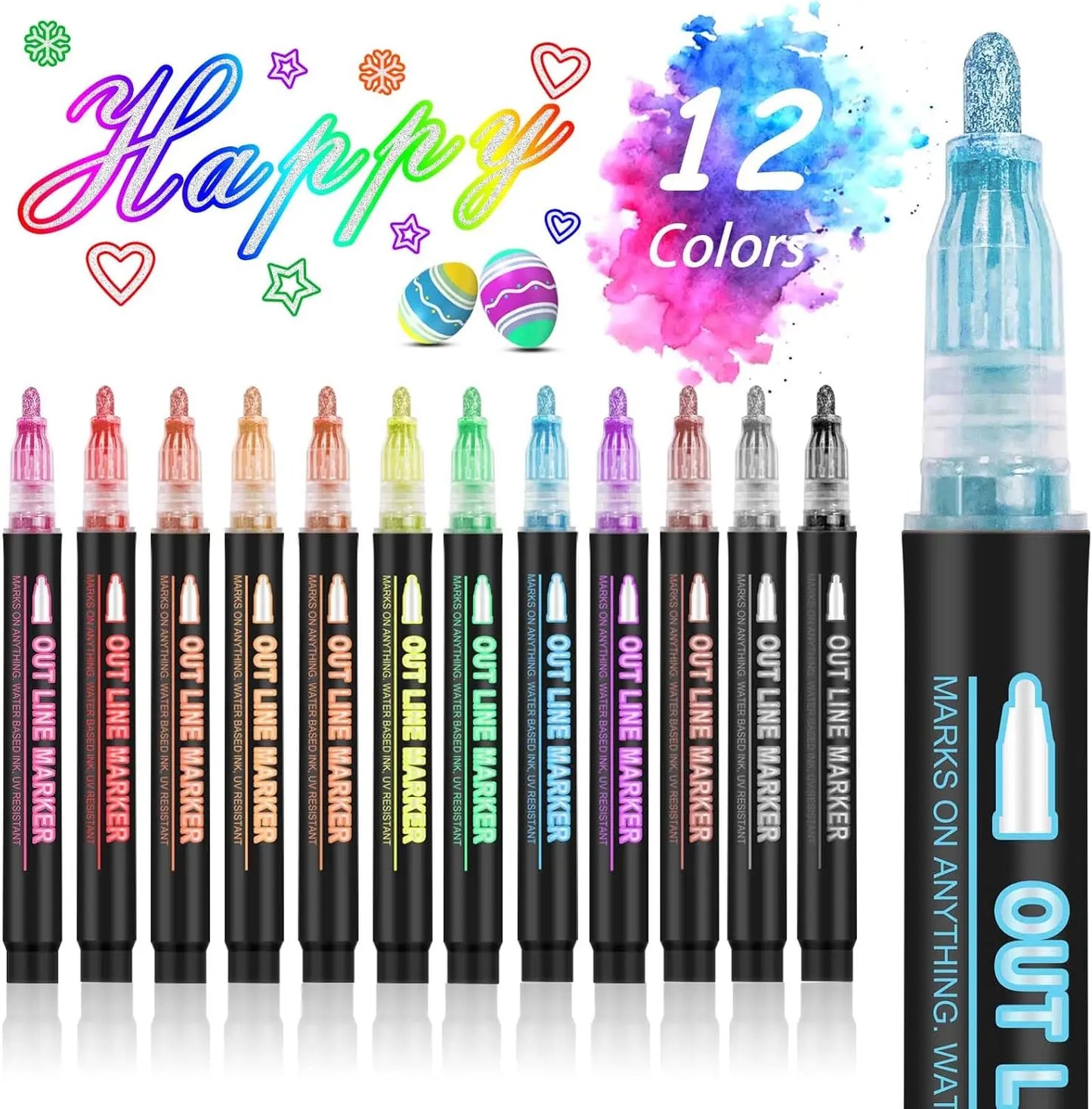 12-48 Colors Double Line Outline Metallic Highlighter Pens