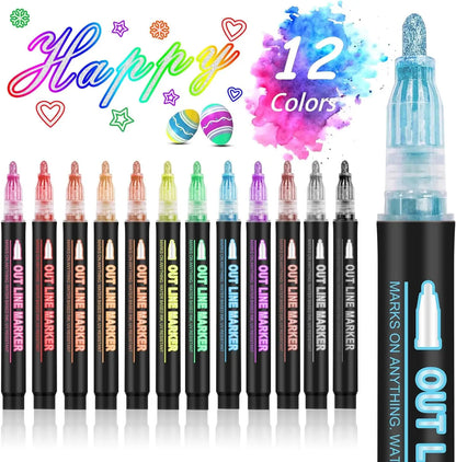 12-48 Colors Double Line Outline Metallic Highlighter Pens