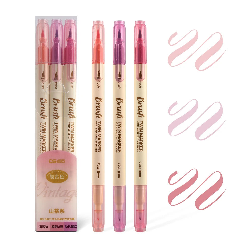 3pcs Twin Marker Pens Painting Brush Retro Color  Fine Liner Blendable Watercolor