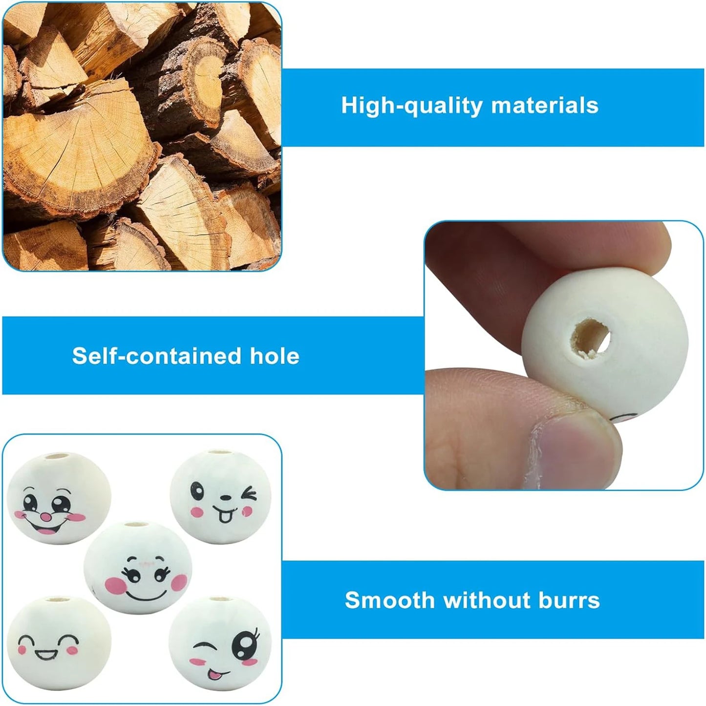 50pcs Loose Smile Beads, 20mm Round Natural Wood Beads