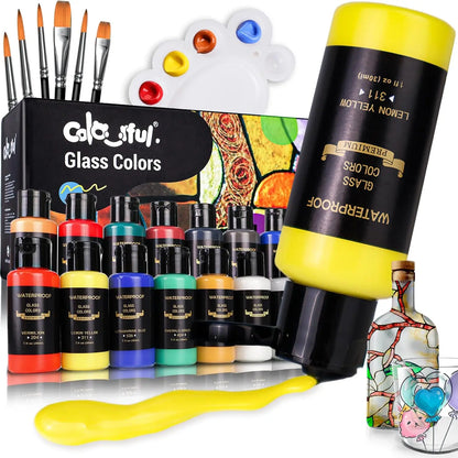 14/26 Colors Stain Glass Paint Set, 6 Brushes, 1 Palette & 1 Sponge, Kit