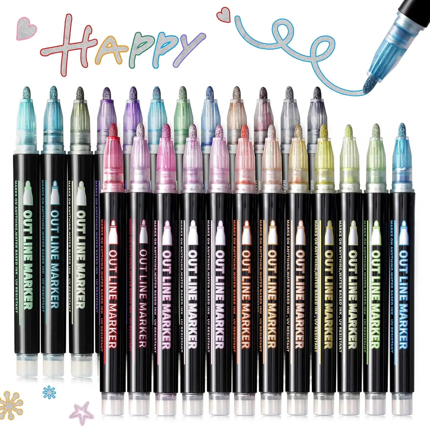 12-48 Colors Double Line Outline Metallic Highlighter Pens