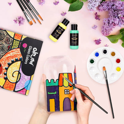 14/26 Colors Stain Glass Paint Set, 6 Brushes, 1 Palette & 1 Sponge, Kit