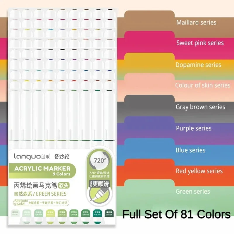 LANGUO 288/9 Colors Acrylic Marker Direct Liquid Soft Brush Paint Pen