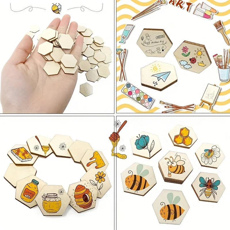 60/120pcs Wood Hexagonal (25mm/1inch) Blank Wood Chips Decoration
