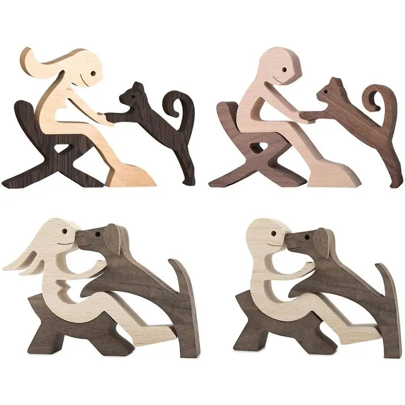 Cute Wood Dog or Cat and Human Statue