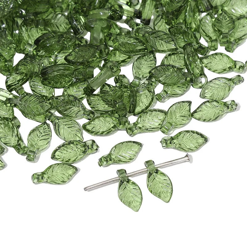 50/100Pcs Acrylic Green Leaf Spacer Charms Beads