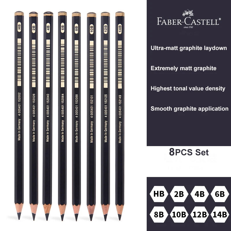 8 Pcs Faber-Castell Graphite Pitt Matt Pencil Set HB, 2B, 4B, 6B, 8B, 10B, 12B, 14B Sketching Drawing Artists’ Quality