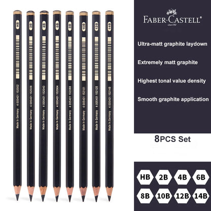8 Pcs Faber-Castell Graphite Pitt Matt Pencil Set HB, 2B, 4B, 6B, 8B, 10B, 12B, 14B Sketching Drawing Artists’ Quality